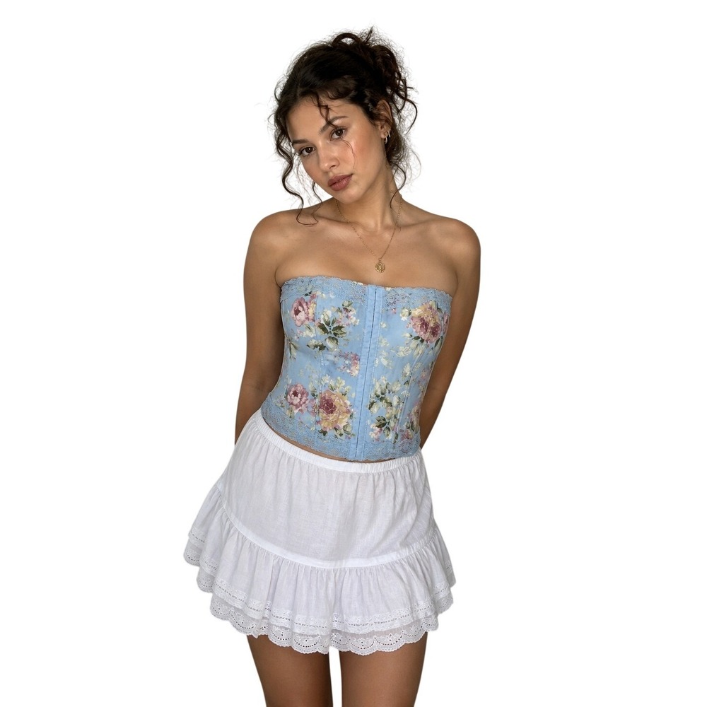 ORIGINALITY Floral Lace Up Corset Top Blue Cottagecore Bustier Size L